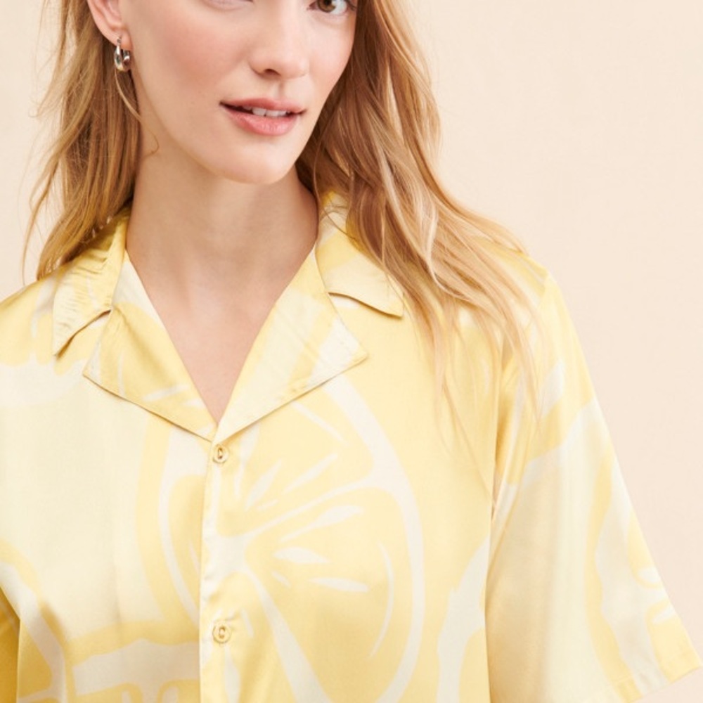 House of Sunny Yellow Boxy Short Sleeve Button Down Shirt